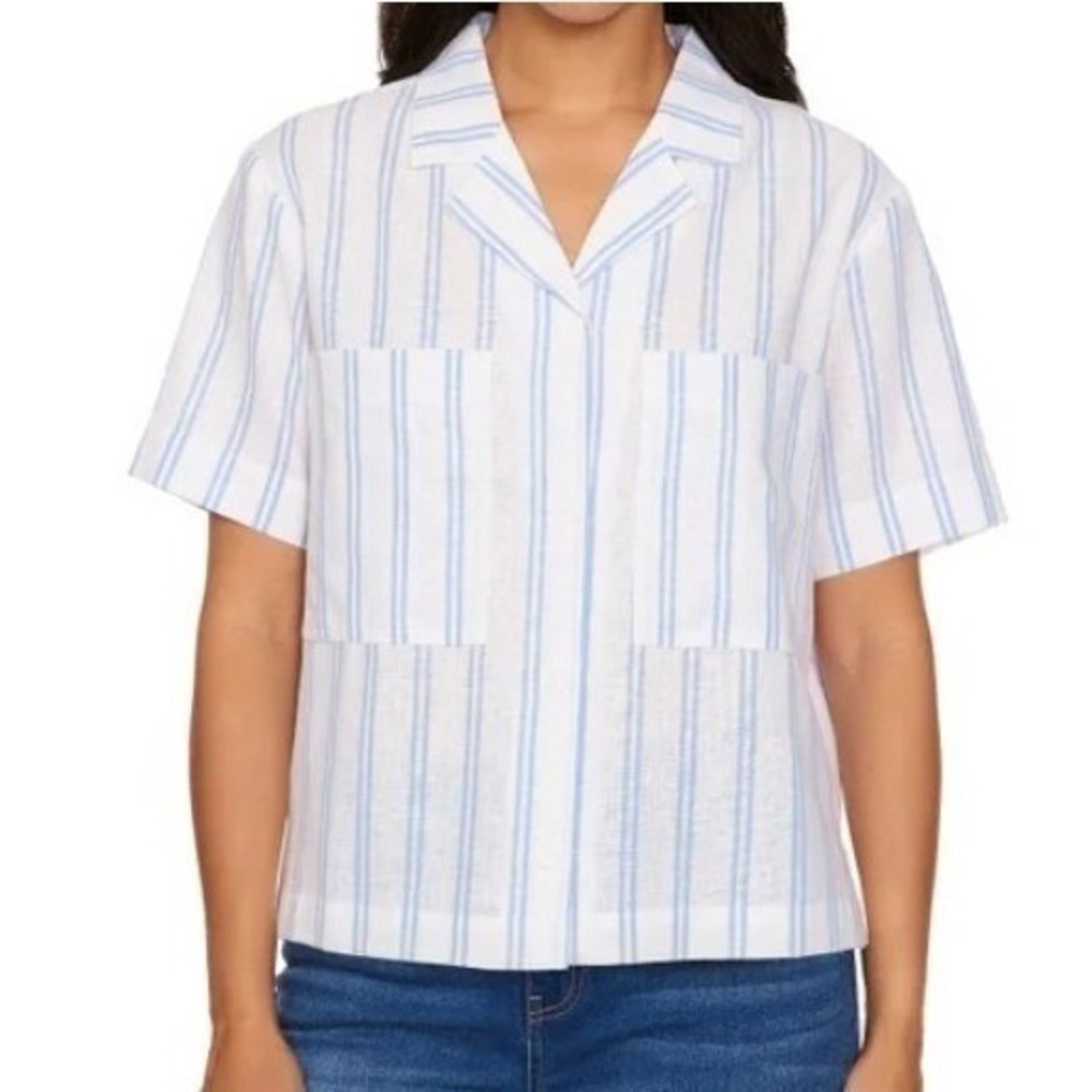 BUFFALO DAVID BITTON Linen‎ Blend Striped Blouse L 14-16 Coastal Blue White NWT